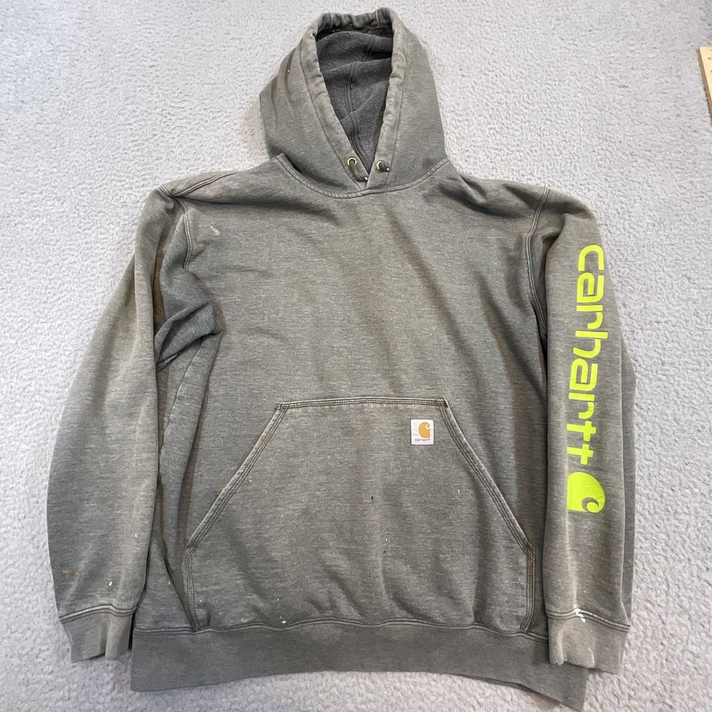 Carhartt Hoodie Mens‎ L Gray Pullover Fleece Kangaroo Pocket Logo Sleeve Print